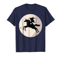 tdlapparel Halloween Witch Riding Unicorn Over Moon T-shirt