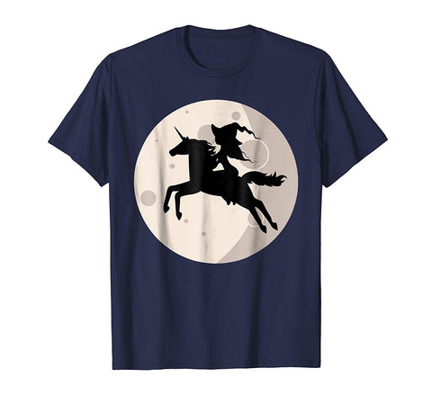 tdlapparel Halloween Witch Riding Unicorn Over Moon T-shirt Short Sleeves Men / Navy / S T-Shirt - TDL-APPAREL
