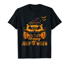 tdlapparel Jeep-O-Ween Happy Halloween Black Cat And Witch Hat T-Shirt T-Shirt - TDL-APPAREL