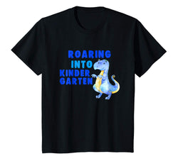 tdlapparel Kids Roaring into Kindergarten Blue Dinosaur Kids T Shirt