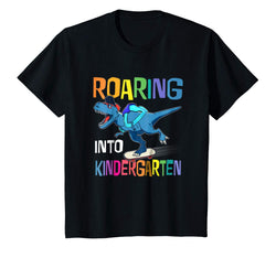 tdlapparel Kids Roaring Into Kindergarten Dinosaur T-Rex T-Shirt. Grade Tee.