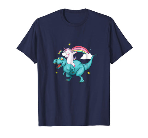 tdlapparel Unicorn Riding Dinosaur T rex T Shirt Unicorns Rainbow Gifts Short Sleeves Men / Navy / S T-Shirt - TDL-APPAREL