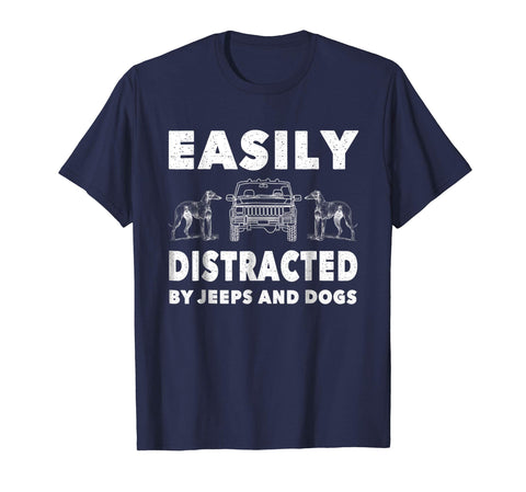 tdlapparel Easily Distracted By Jeeps And Dogs Shirt Men Funny Gift Short Sleeves Men / Navy / S T-Shirt - TDL-APPAREL