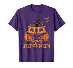 tdlapparel Jeep-O-Ween Happy Halloween Black Cat And Witch Hat T-Shirt T-Shirt - TDL-APPAREL